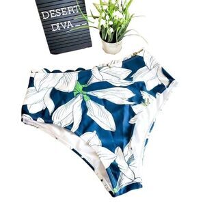Dressfo Womens Bikini Bottom Blue 10 High Waisted Ruched White